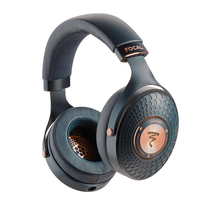 Dark blue headphones with copper accents