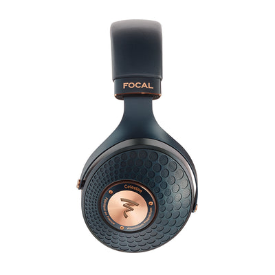 Dark blue headphones with copper accents, side view showing one earcup