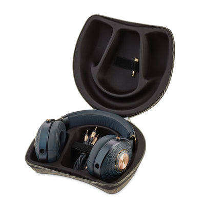 Dark blue headphones with copper accents in a carrying case