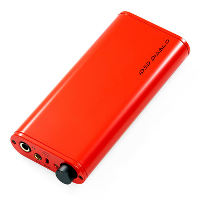 Red USB digital to analog audio device with volume knob, angled top view
