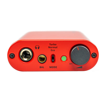 Red USB digital to analog audio device with volume knob, end view