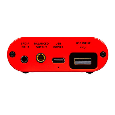 Red USB digital to analog audio device, rear view with connections