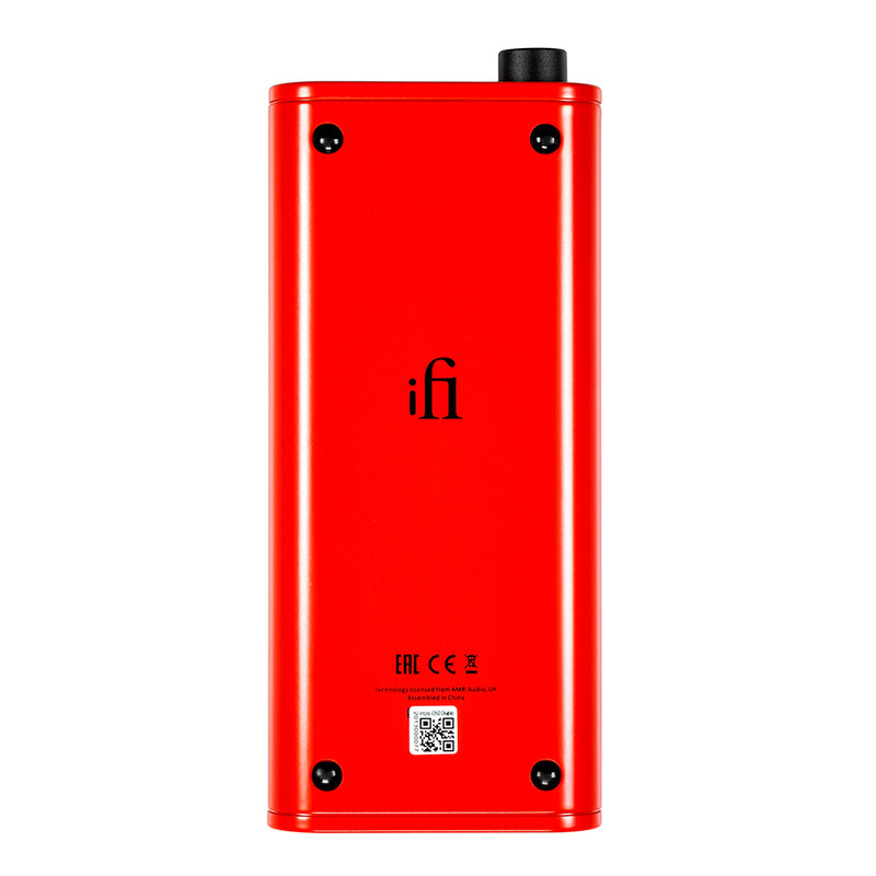 Red digital to analog audio device with volume knob, bottom view